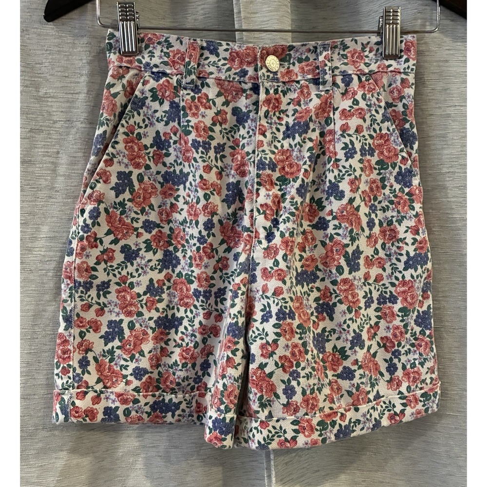 Vintage 90s Floral Denim Shorts High Waist Mom Shorts Size 8 Multi-Color